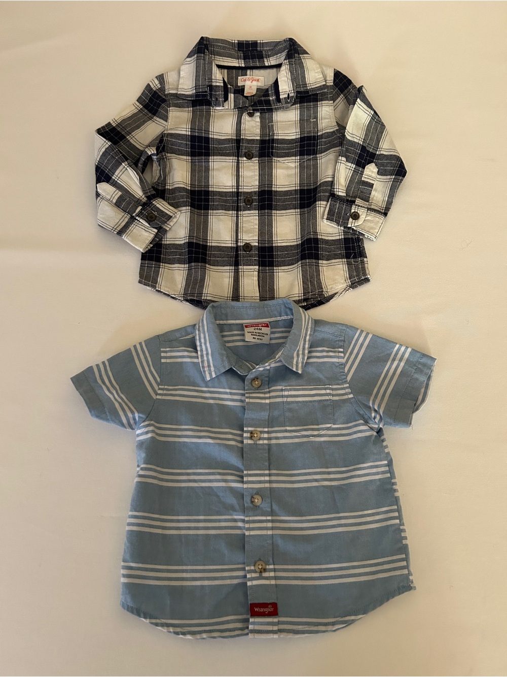 Cat & Jack Boys Button-Down & Navy & White Plaid and Wrangler Blue Stripe shirt